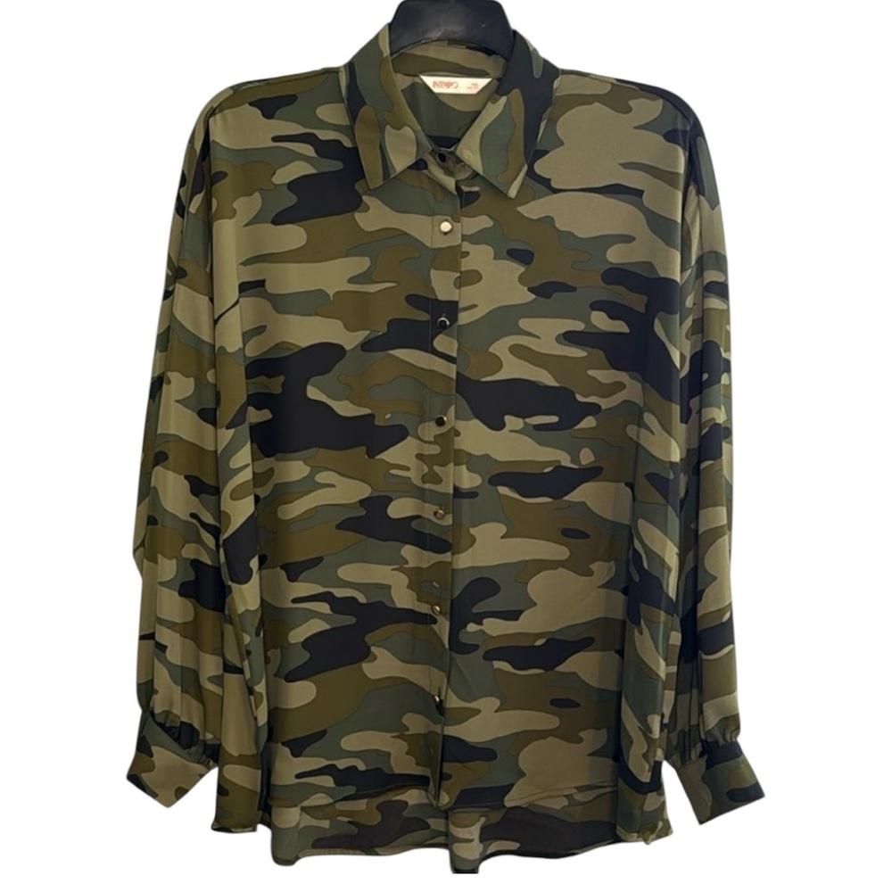 Intempo Blouse in Green Camo‎ Tunic w/ High/Low Hem Gold Buttons in Sz. M & XXL